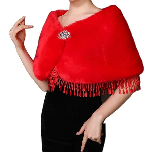 Jtfur Winter women warm wedding dresses cloak vest bridal red fur shawl with tassels