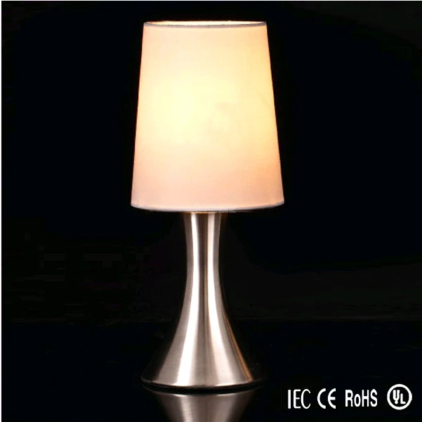Mini Touch Lamp 4 Stage Control Table Nightstand End Bedside Lamps White Fabric Shades  Modern Chrome Small Table Desk R