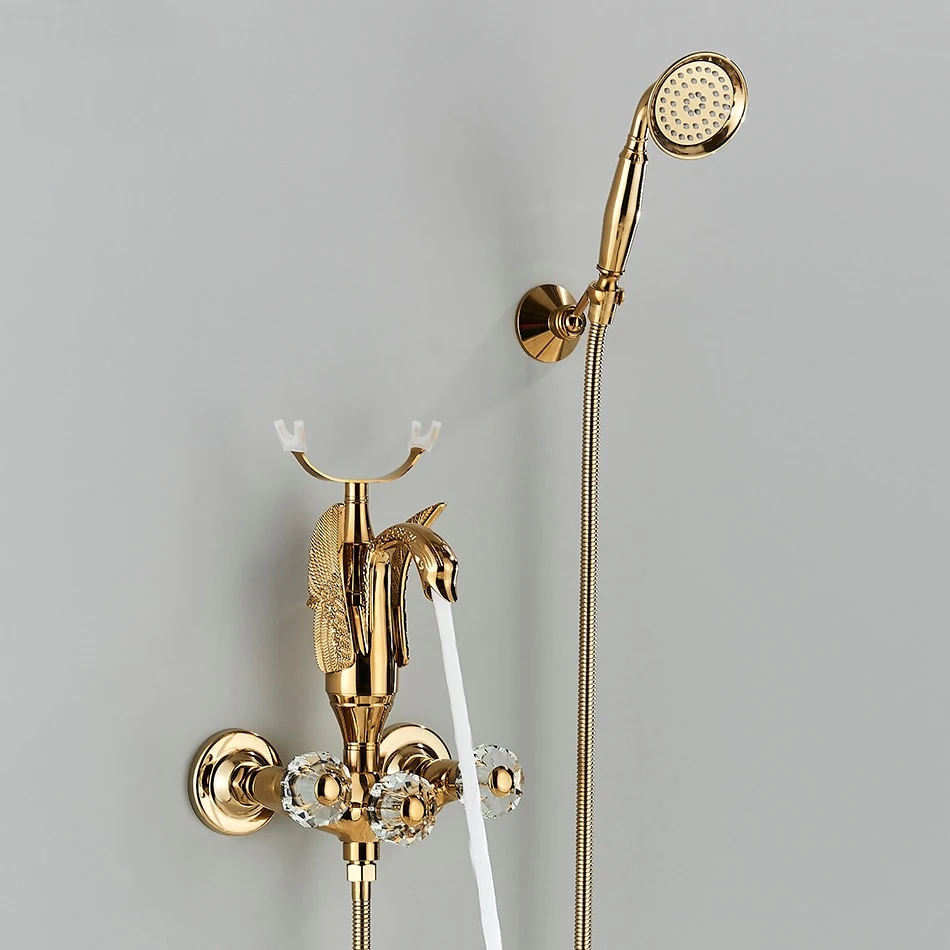 Luxury Golden Bathroom Swan Bathtub Faucet Wall Mounted Cold Hot Water Bath Shower Mixer Tap Brass Handshower Crystal handwheel