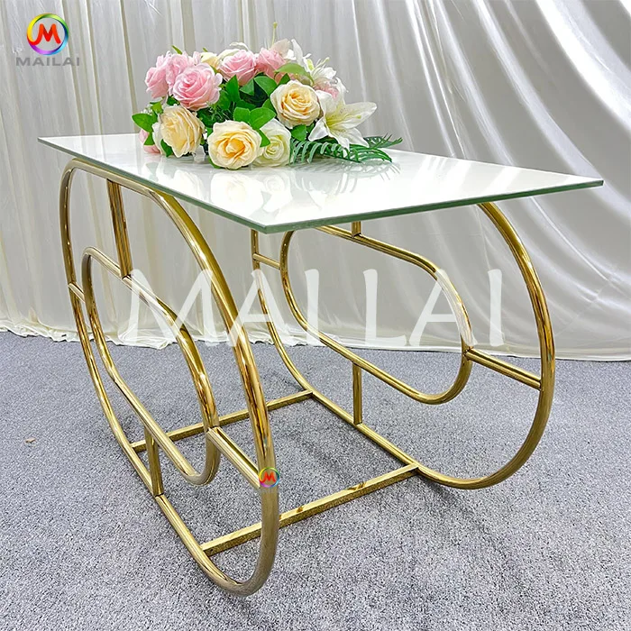 New Design Wedding Stainless Steel Gold base Glass Top Rectangle Dining table for event