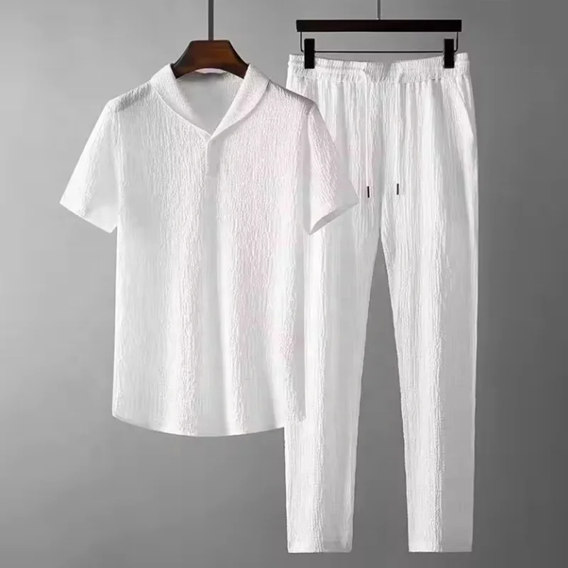 Летний мужской костюм из 2 предметов с коротким рукавом и длинными брюками однотонный льняной воротником-поло на пуговицах эластичной талией спортивный