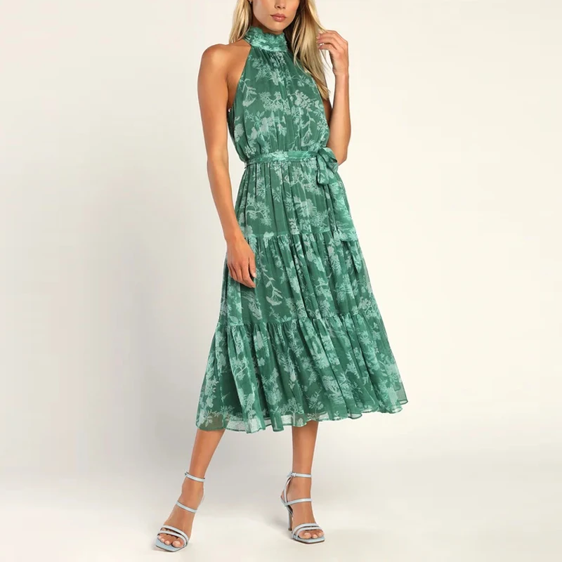 Floral Print Fashion Summer Halter-Neck Tiered Midi Dress woven Chiffon Casual Dress Elegant Beach Bohemian Ladies Dresses
