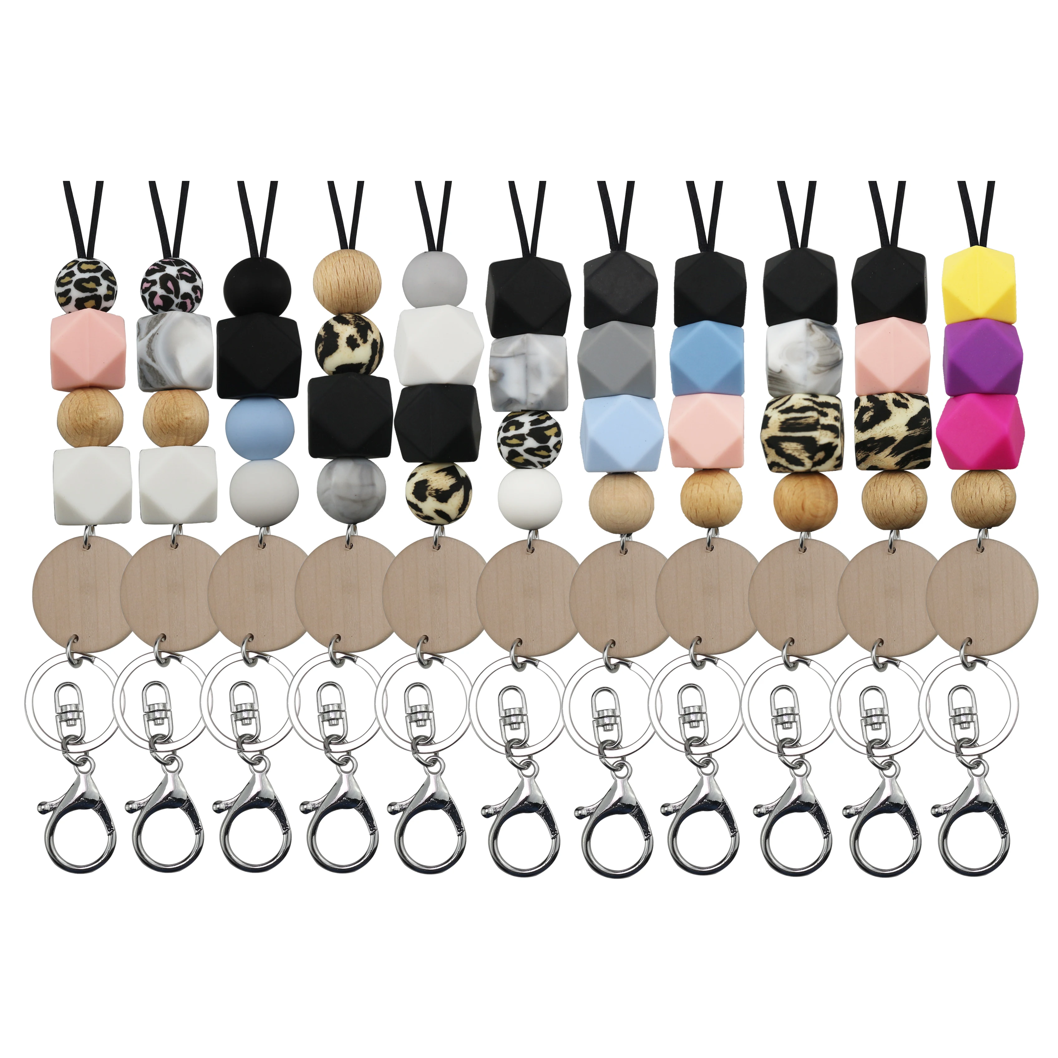 New Design Leopard Print beads Rainbow Keychain Disk Laser En Teacher Silicone Beaded Lanyard With Wooden Disc