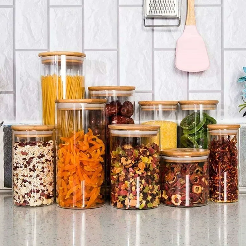 Kitchen Bamboo and Wood Stopper Glass Sealed Jar Glass Straight Canister Tea Seal Pot Candy Storage Jar Clear Airtight Canister