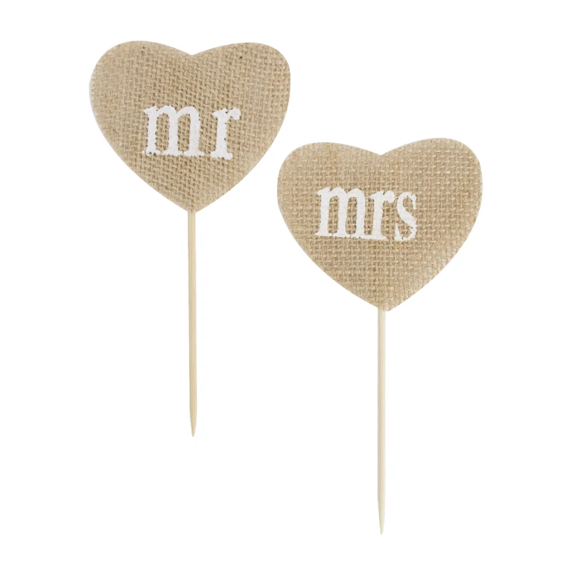 902212 6pcs Linen Picks Mr&Mrs Heart Sticks Toothpicks Cupcake/Cake Toppers Party Wedding Decoration Eco-friendly
