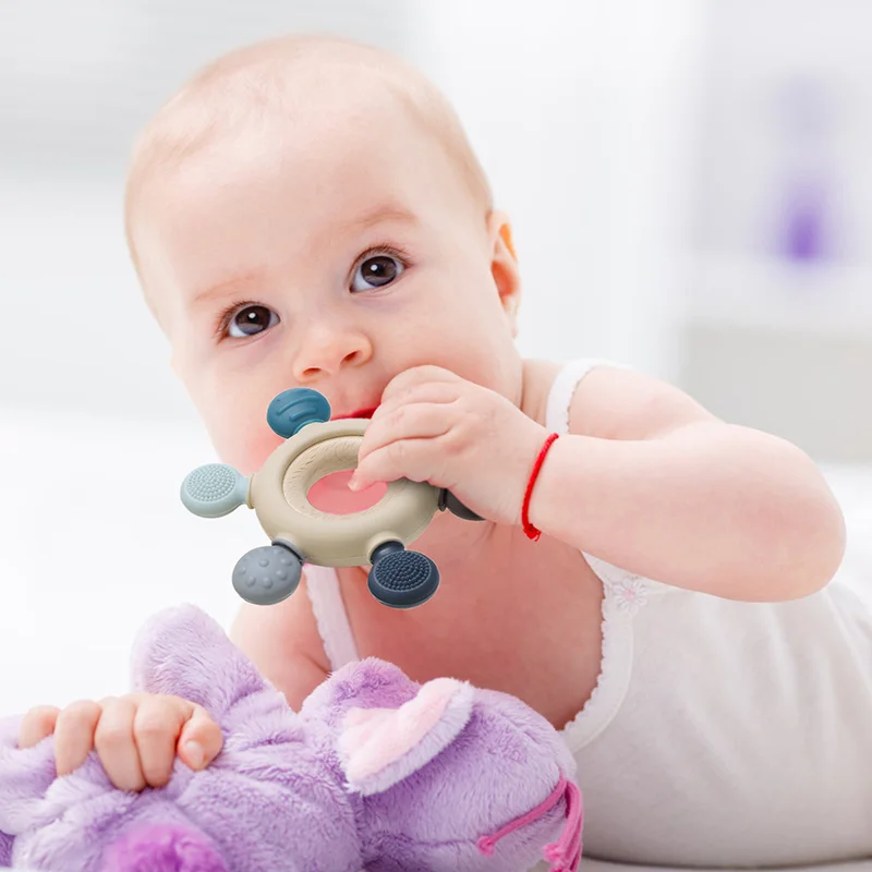 Baby Silicone Teethers BPA Free Silicone Rudder Teething Toys with Wooden Ring Soothe Babies Tooth