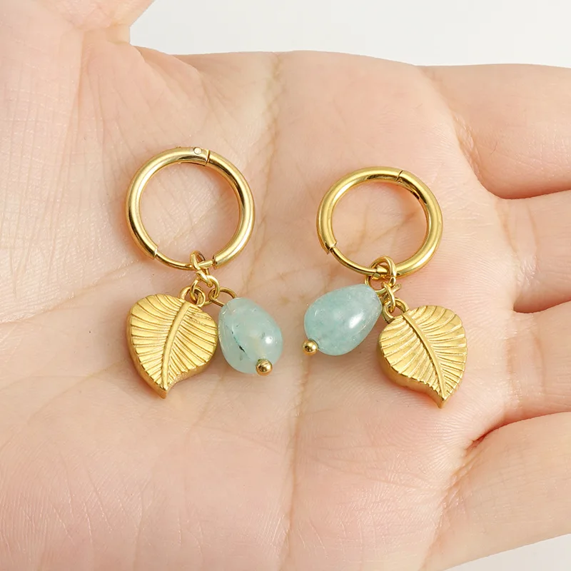 Hoop Earrings for Women with Bead leaves Dangle Charms Stainless Steel Hypoallergenic Jewelry