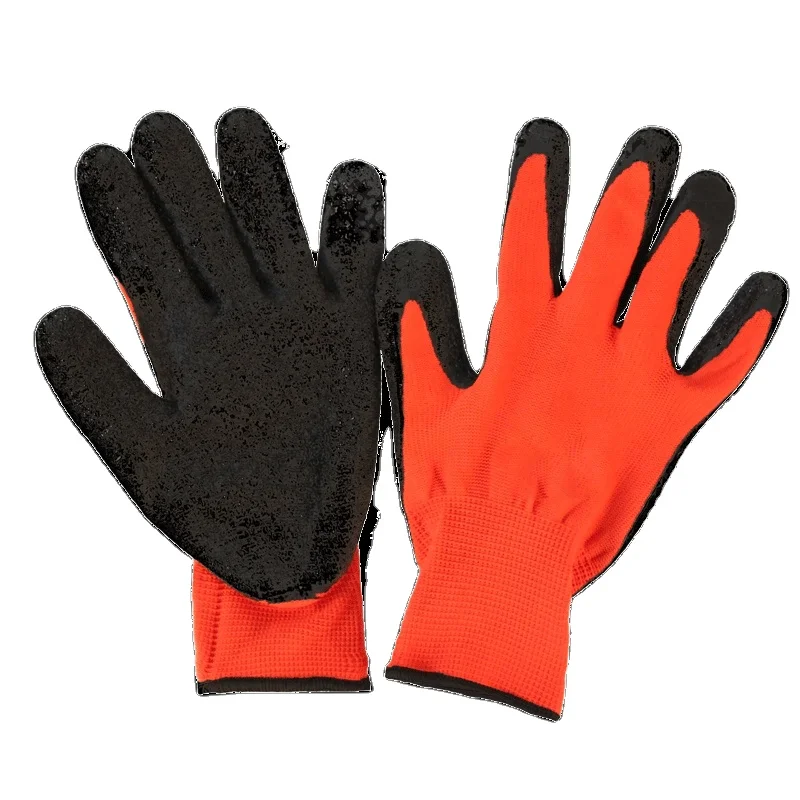 13Gague Polyester Lined Crinkle Latex Palm Coated Rubber Dipped Labor Protective Industrial Work Gloves