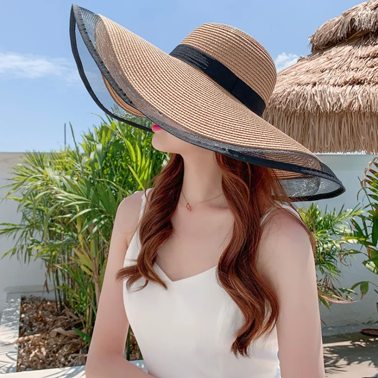 Women Broad Brim Beach Hat Summer Resort Sun Hat Foldable Straw   Hat
