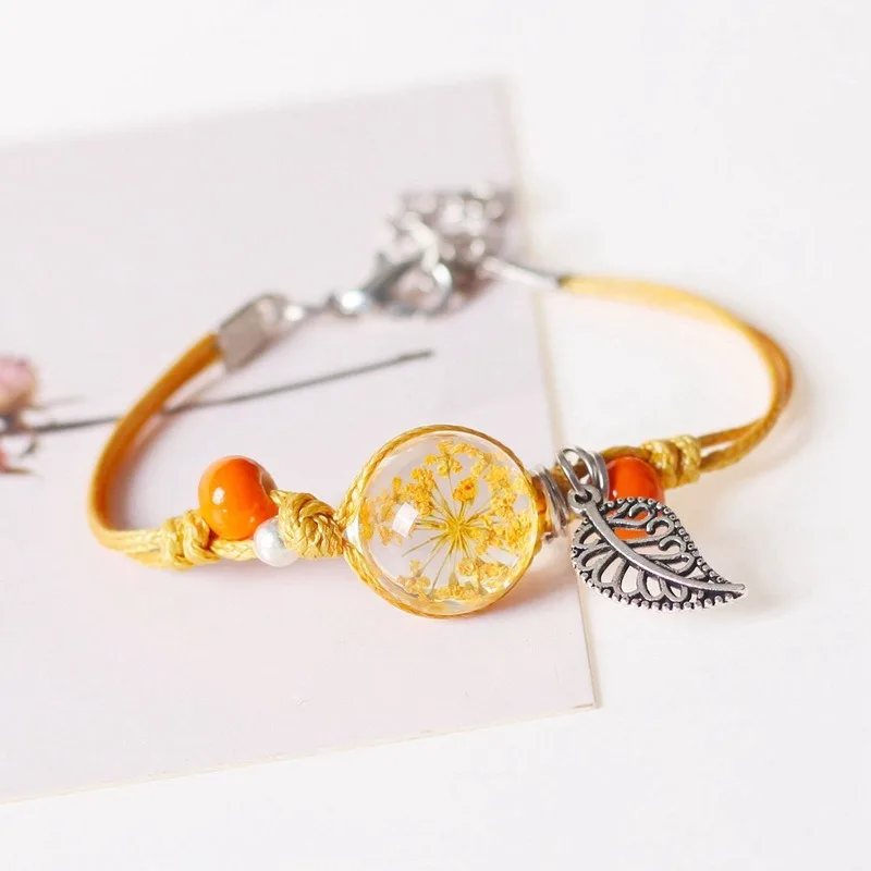 Handmade Rope Knot Braided with Ceramics Beads Natural Dried Flower Glass Ball Charms Bracelets