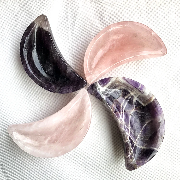 Factory Produce Hand Carved Moon Shaped Natural Pink Rose Quartz Crystal Bowls For Home Decoration