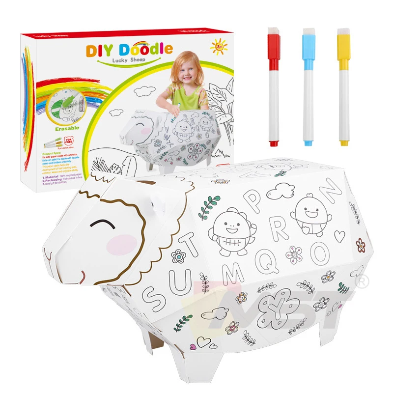 Eco-friendly Painting 3D DIY Creative Doodle Cardboard Toys Hand-on Coloring Sheep Car House Drawing Toy for Kids
