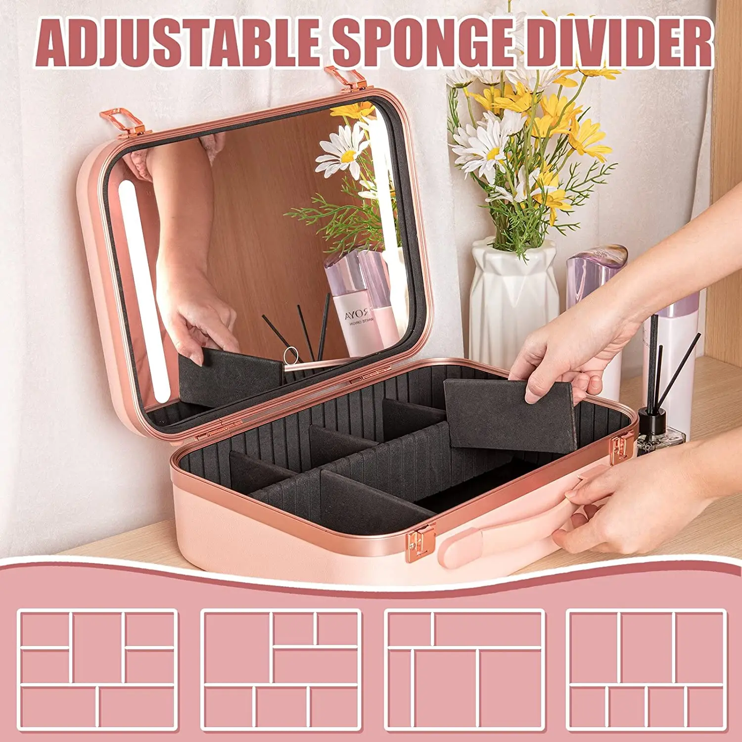 Makeup Travel Lighted Case with Large LED Light Mirror Coetic Bag Organizer Professional Adjustable Divider Storage