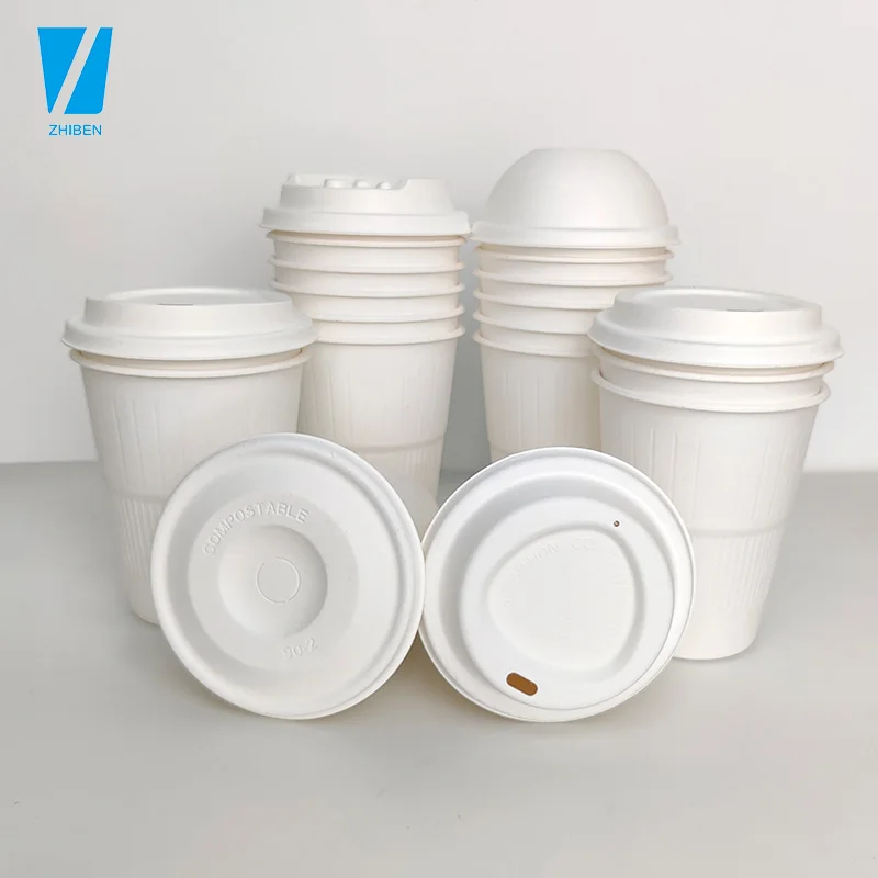 Zhiben 2020 New  90m Flat  Bagasse Plant fiber Eco-Friendly Biodegradable disposable paper cup cover coffee withdraw cup lid