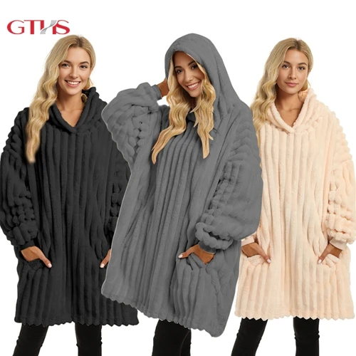 Полосатое Фланелевое супер мягкое флисовое удобное плюшевое одеяло оверсайз носимое одеяло толстовка с капюшоном шерпа оверсайз