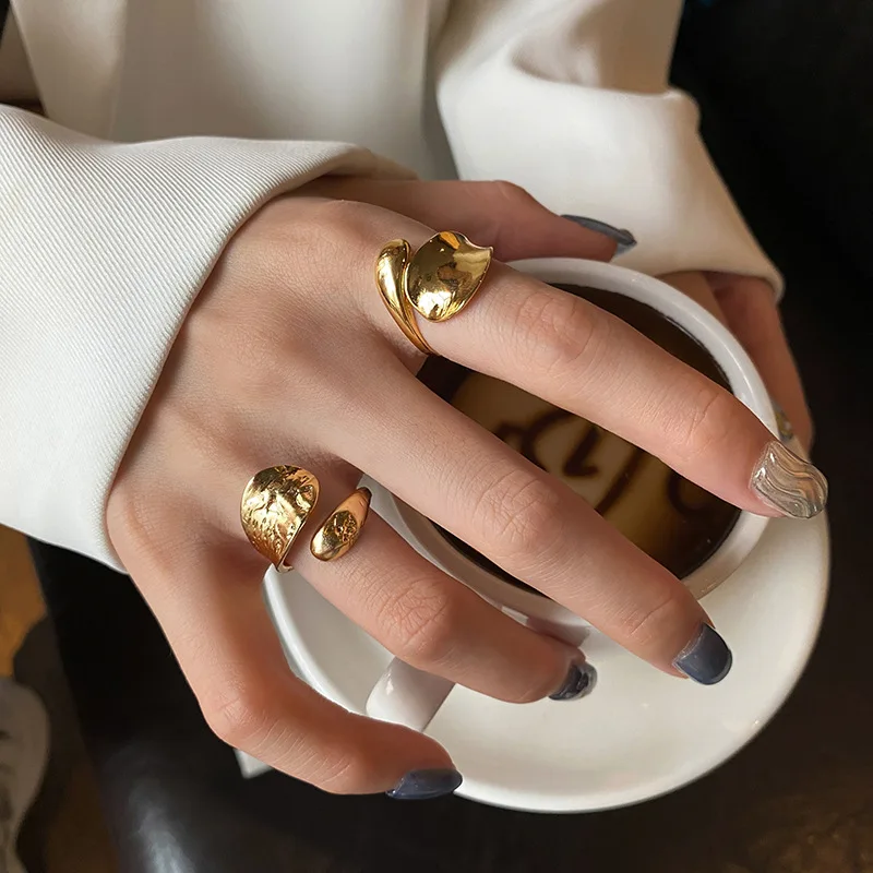 European American Style Irregular Concave-Convex Water Drop Gold Silver Tin Foil Pattern Fashion Open Ring for Women