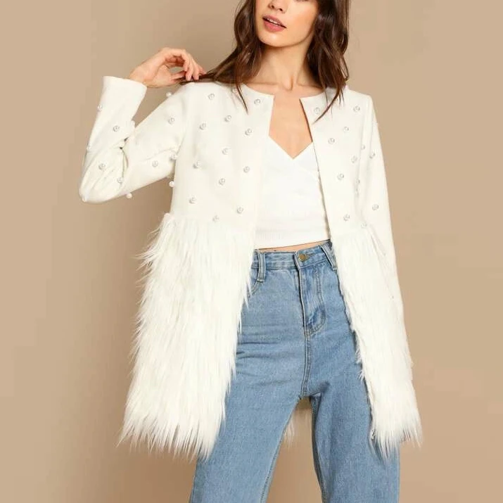 Контрастное женское офисное пальто с жемчужинами, однотонное повседневное осеннее пальто белого цвета