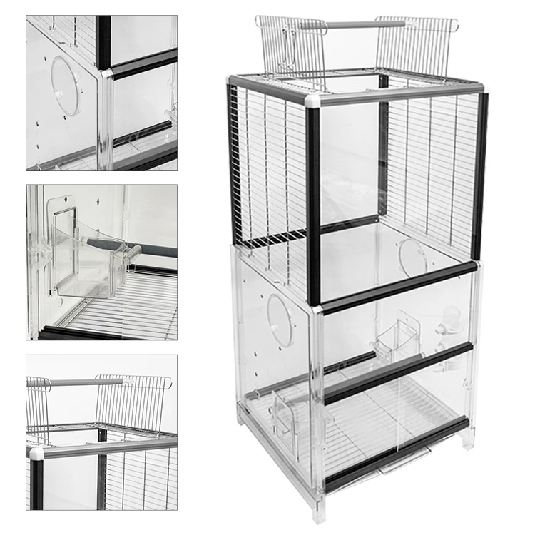 Double bird house foldable portable birdcage window bird feeders acrylic glass parrot cage stainless steel bird cages with stand