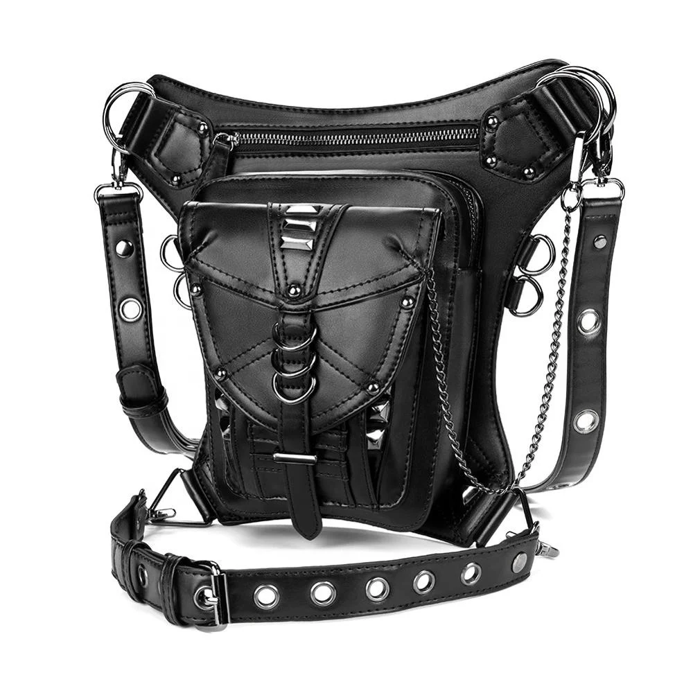 Steampunk Retro Shoulder Bag black Gothic Leather Backpack Women Motorcycling Waist Leg Bag