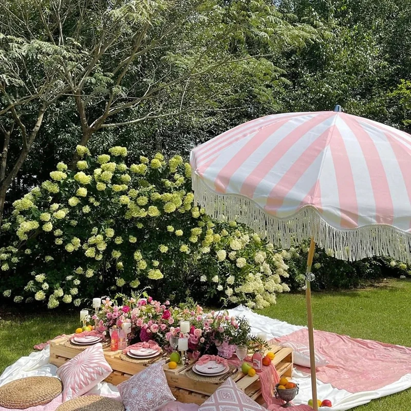 Luxury Beach Shade with Tassel Wooden Promotional Outdoor Beach Parasol Umbrella Sombrilas
