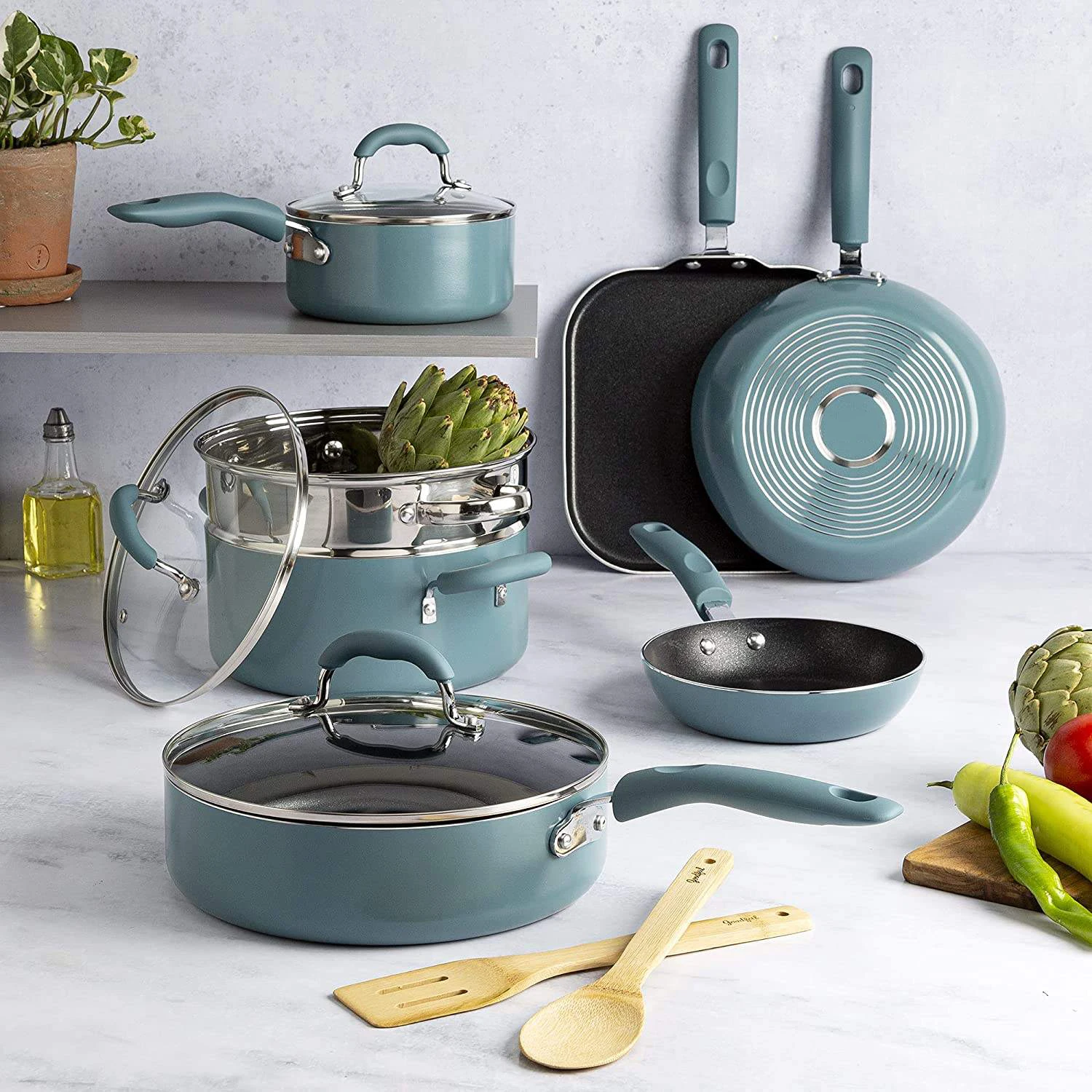 best selling High Quality Cookware Set with Premium Non-Stick Coating, Dishwasher Safe Pots and Pans, 12-Piece, Turquoise