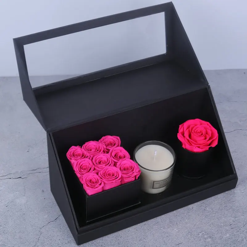 Hot selling high quality decoration flower luxury eternal flower scented candles preserved roses in high end gift box