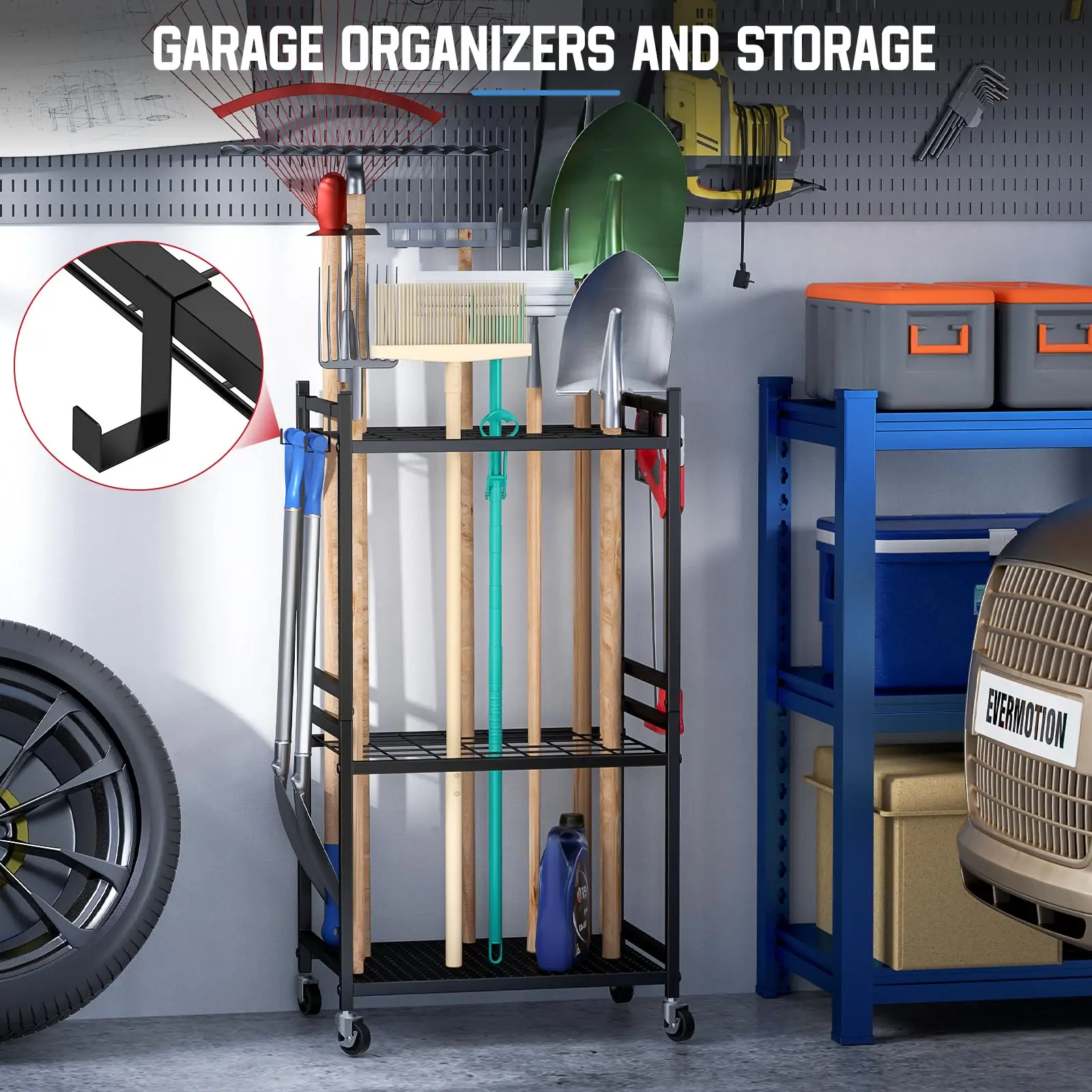 Black 3 Tiers Yard Tool Organizer Rack With 9 Hooks For Garage Multi-function Heavy Duty Garden Tool Storage Rack