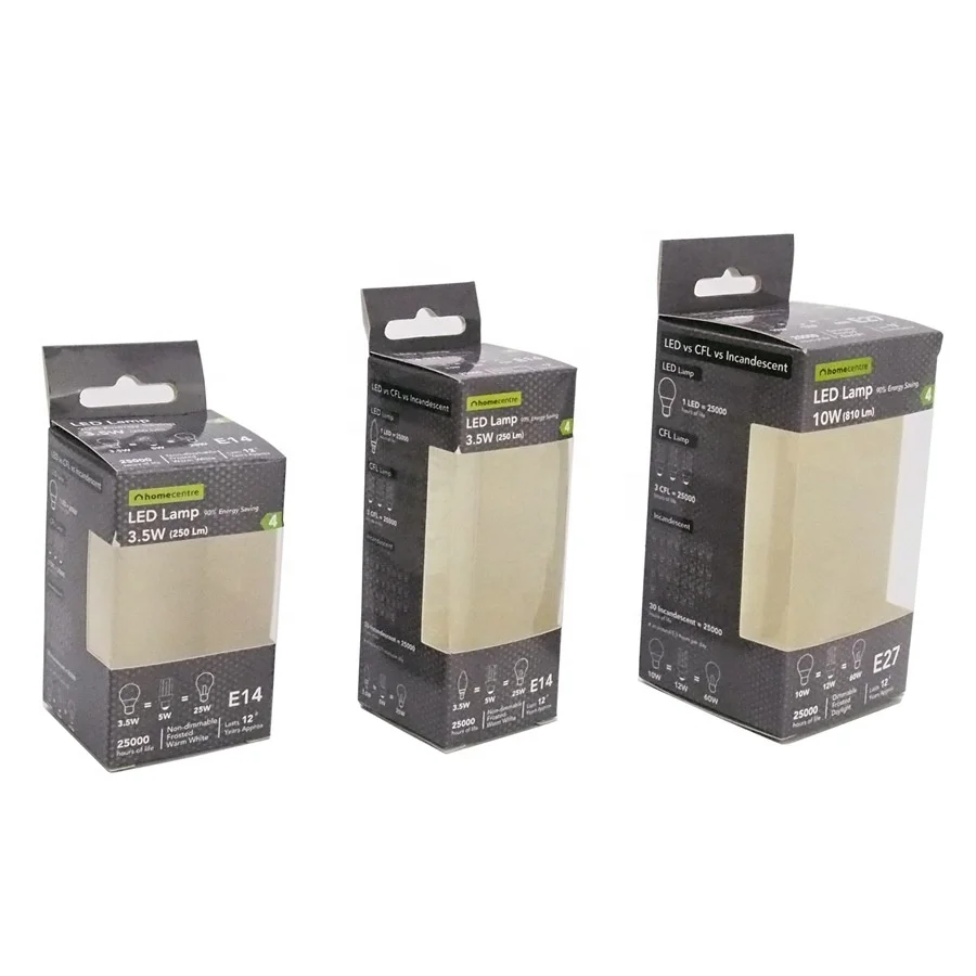 Factory custom recycled color printed display window box led light bulb packaging folding paper box with hanging hole