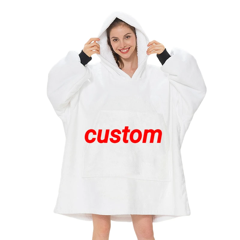 Wholesale Kids Adult Soft Warm Sweatshirt Hooded Blankets Fleece Sherpa Custom Printed Oversized Wearable Hoodie Blanket