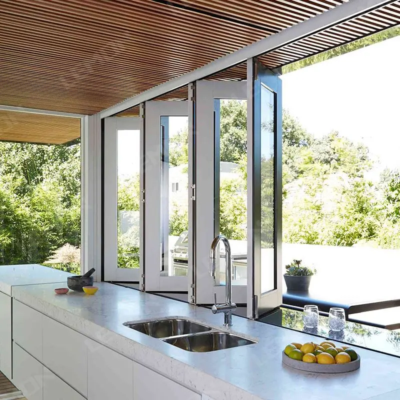 European House Large Bay Tempered Glass Aluminium Large Kitchen Accordion Folding Window Bar