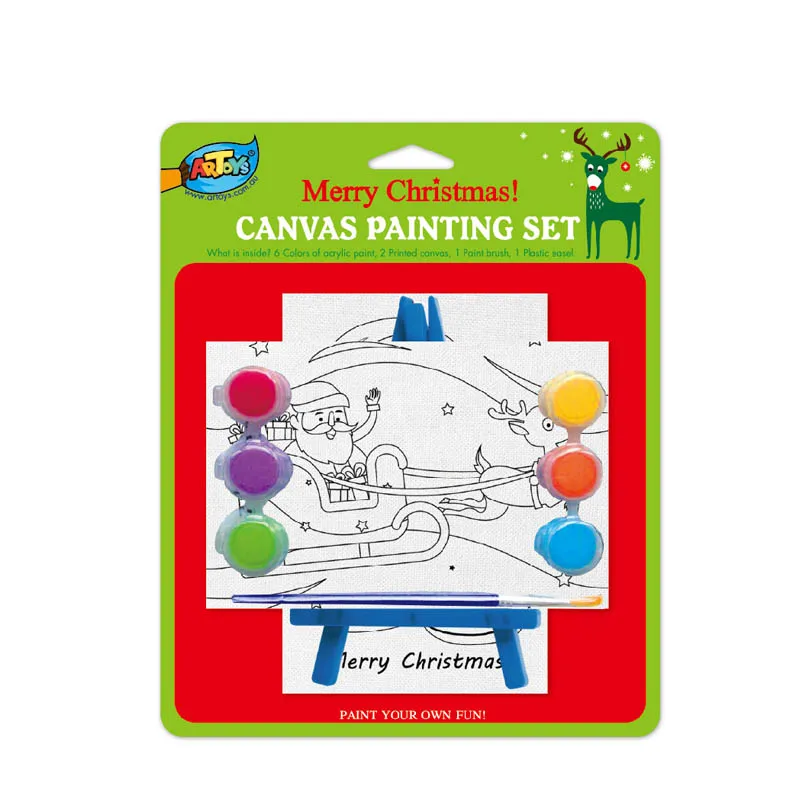 2 pcs christmas kids diy pre printed canvas painting set with plastic easel