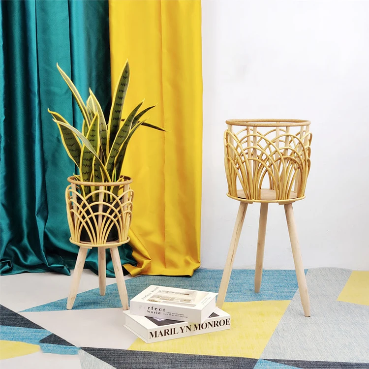 Natural Rattan Woven Baskets with Stand Wood Legs Flower Pot Holder Wicker Plant Stand