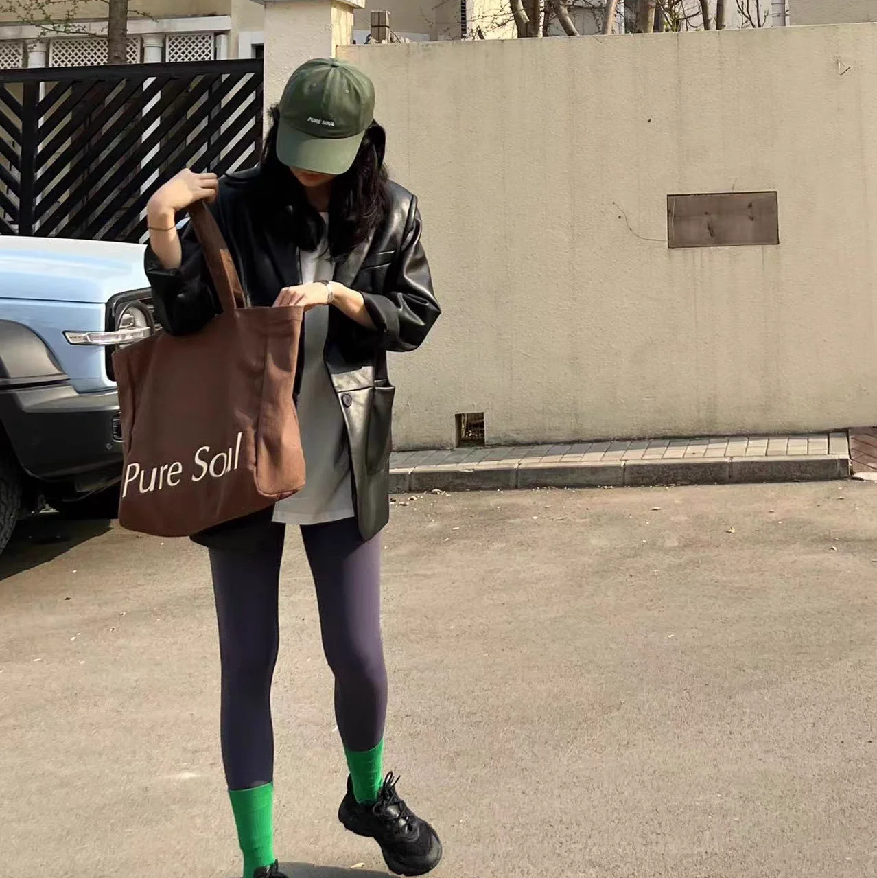 Custom Logo Seoul Female Gift Brown Green Canvas Cloth Fabric Shoulder Tote Bag with Inner Pocket