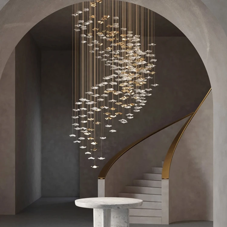 modern large gold Leaf glass led stair chandelier for dining room living room hotel hanging light luxury crystal pendant light