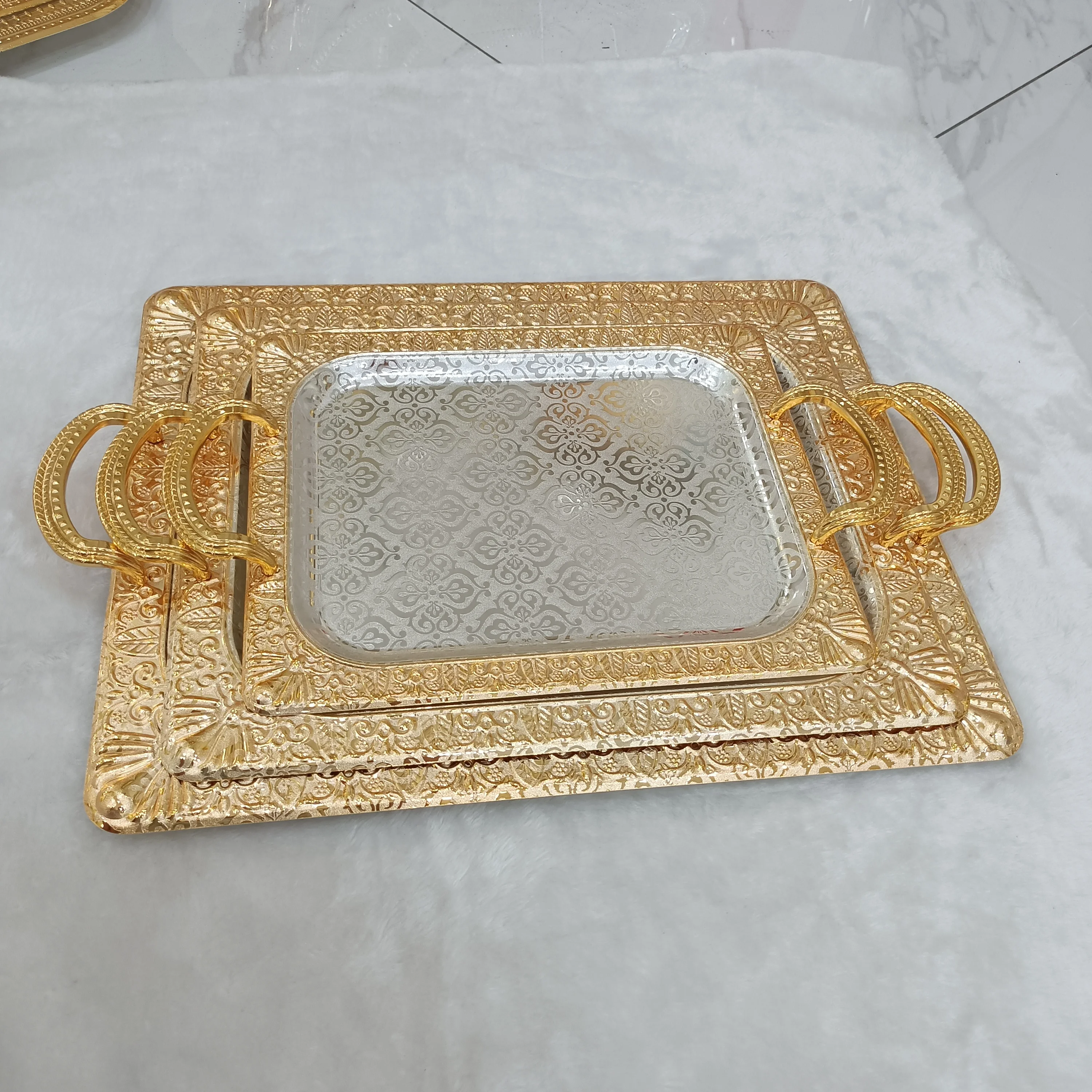 Hot Sell 3PCS Arabic Home Restaurant Hotel Buffet Server Rose Gold Luxury Food Serving Stainless Steel Tray Set