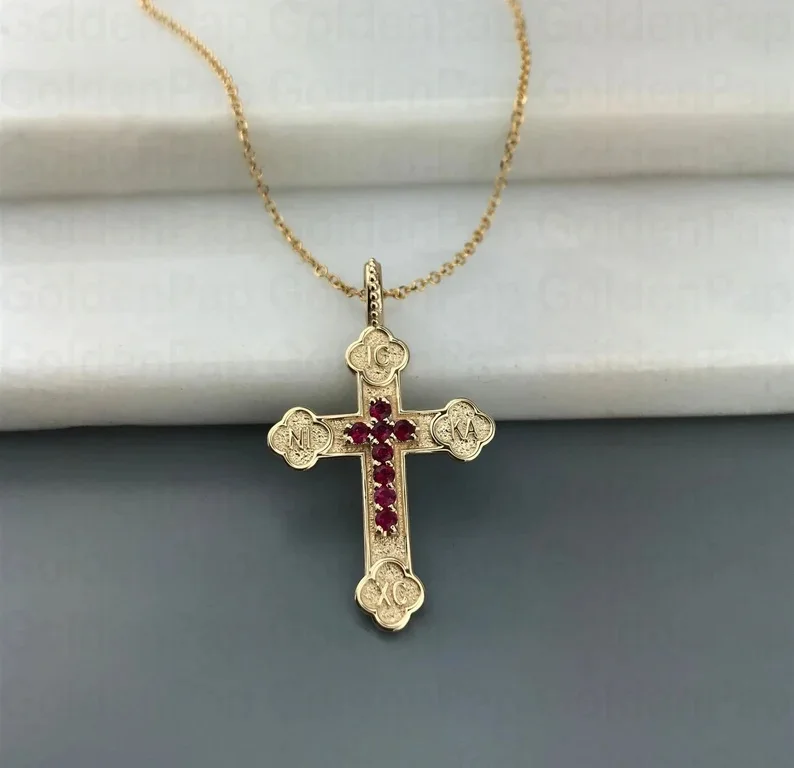 14k solid gold cross with real rubies