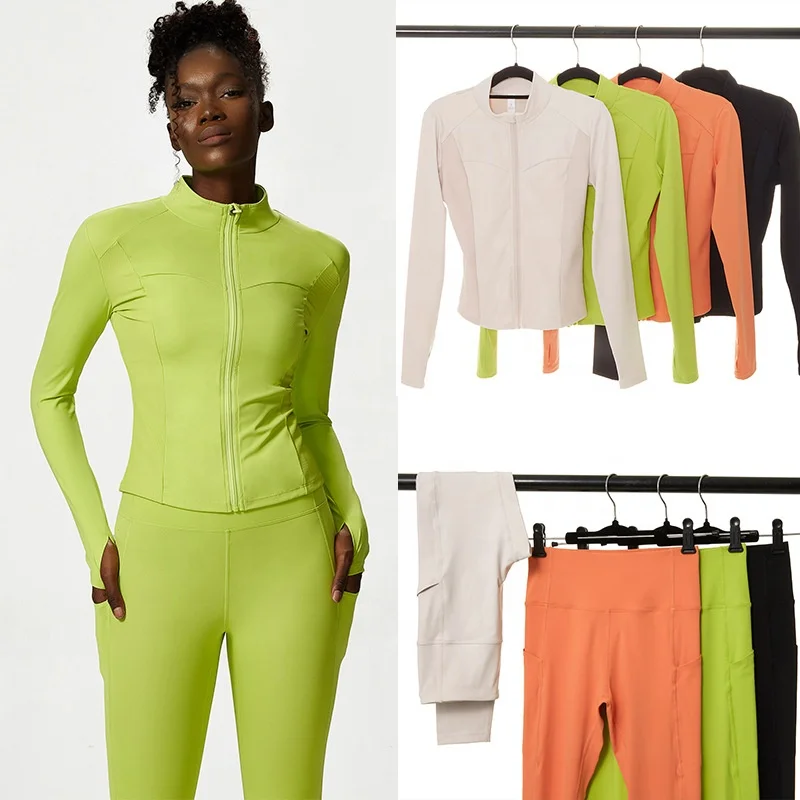 with side pocket high waist leggings collocation back swallowtail design ribbed Full zip plus size yoga sports jacket set