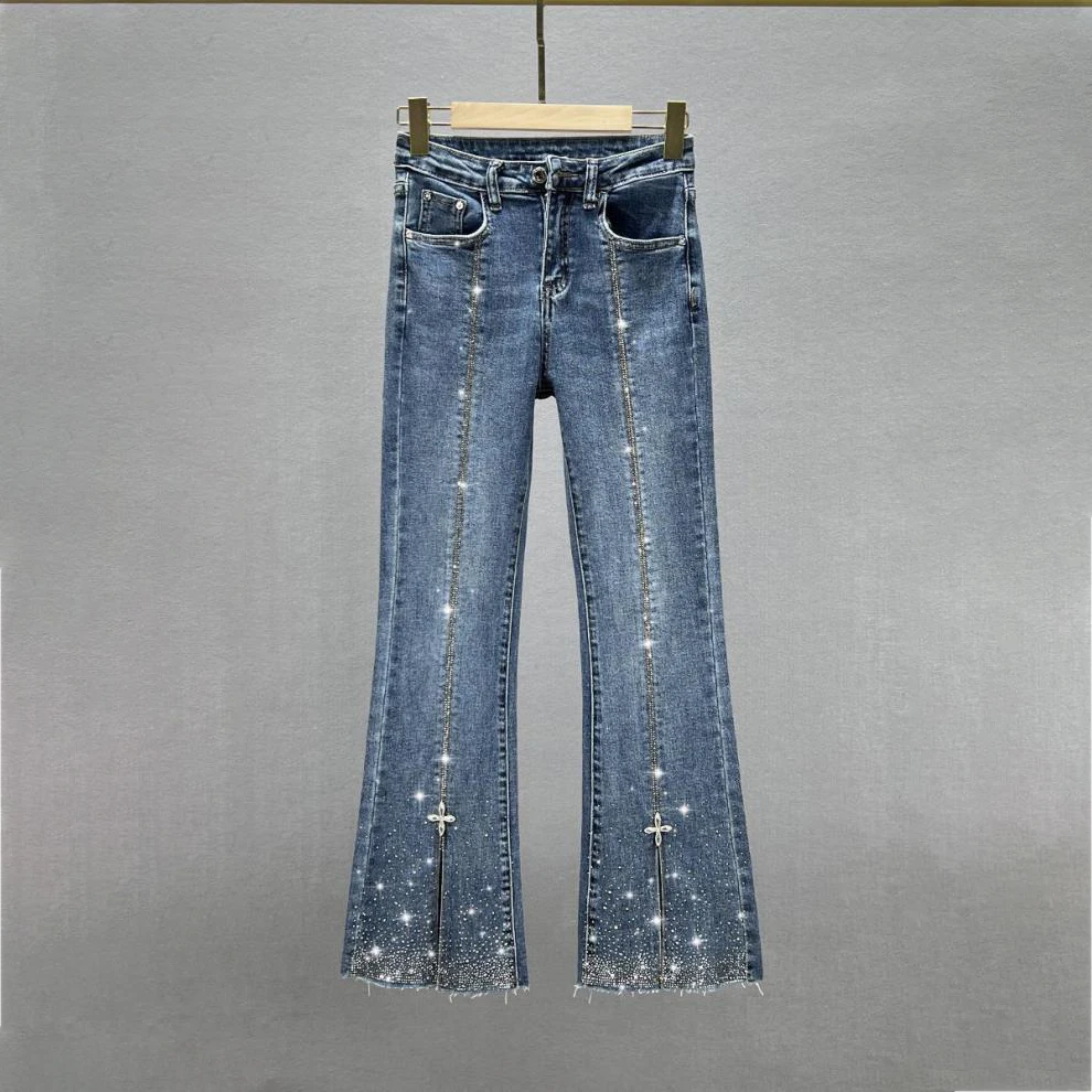 Denim Jeans Rhinestones Trim Light Stone Vintage Wash High Rise Waist Raw Hem Flare Casual Style Women Woven Solid Spring WASHED