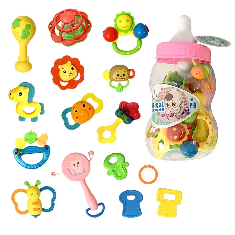 
15pcs hand shake musical teether rattle toys set baby toy in bottle 