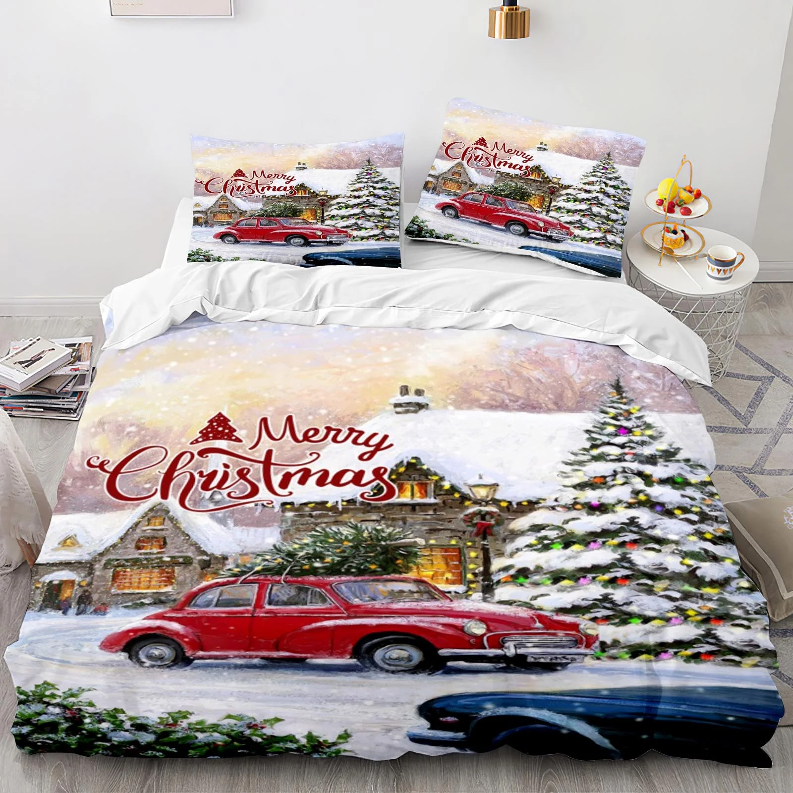 Custom 3D Printed Christmas Floral Cartoon Modern 3-Piece Duvet Cover Set Red Famous Car Tree Snow Polyester Comfort Cover Sets