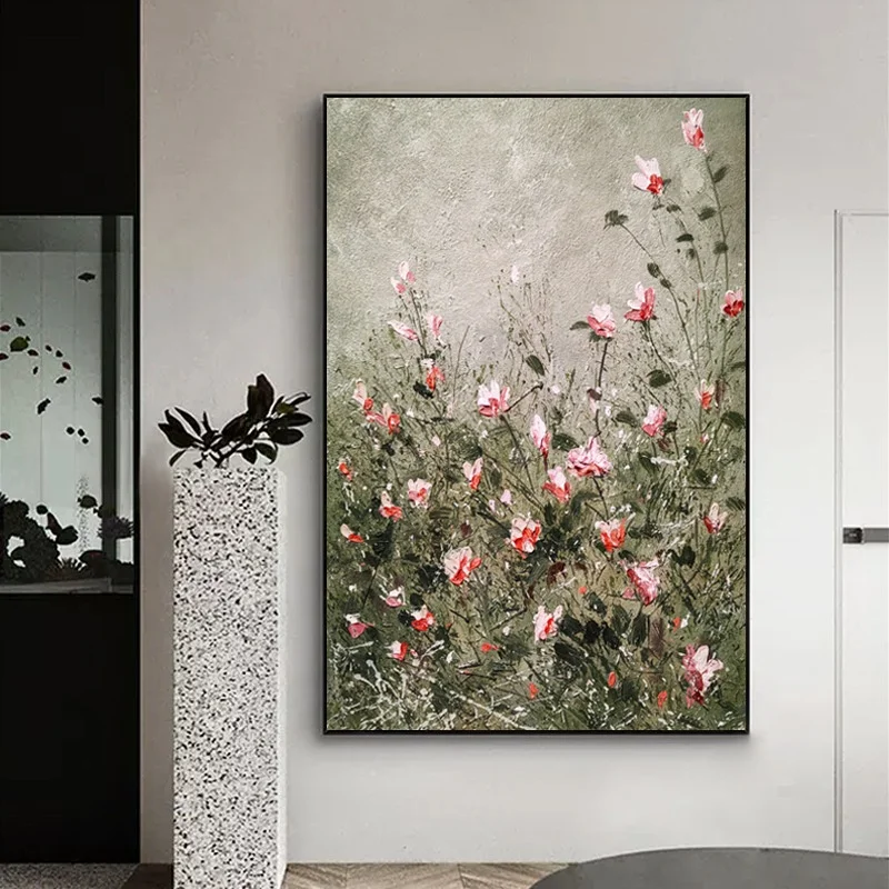 Hand Painted Cotton Canvas Wall Art Vintage Wildflower Field Landscape Hand Made Oil Palette Knife Painting For Decor