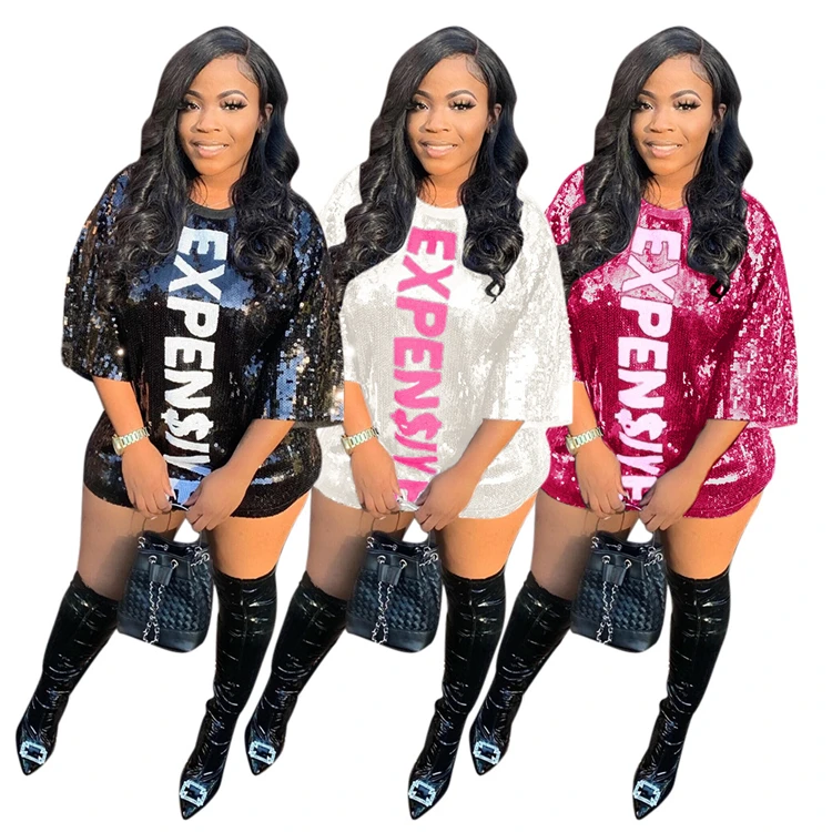 W7214 New arrivals 2021 women clothing fashion Printed Sleeveless casual dresses plus size sexy club wear sequin skirt