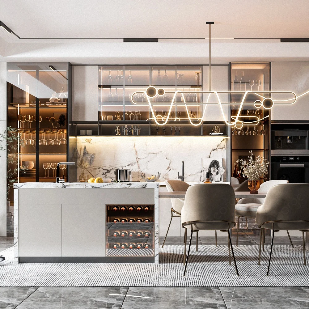 Modern White Glossy Kitchen Cabinets Matt Lacquer  Kitchen Cabinets Glass Door Wine  Cabinet  Kitchen with Island