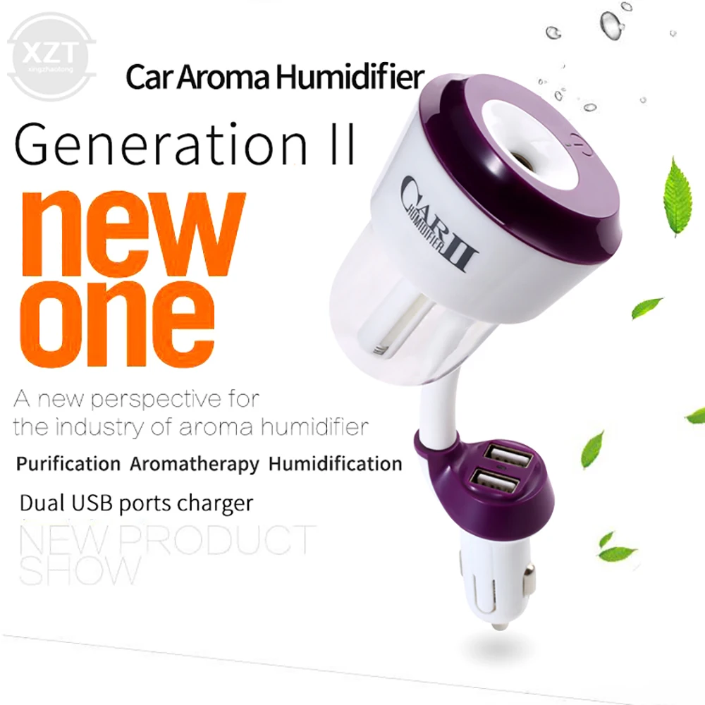 12V Car Air Humidifier Car Air Freshener Purifier Aroma Oil Diffuser Aromatherapy Mist Fogger with 2 USB Car Charger Ports