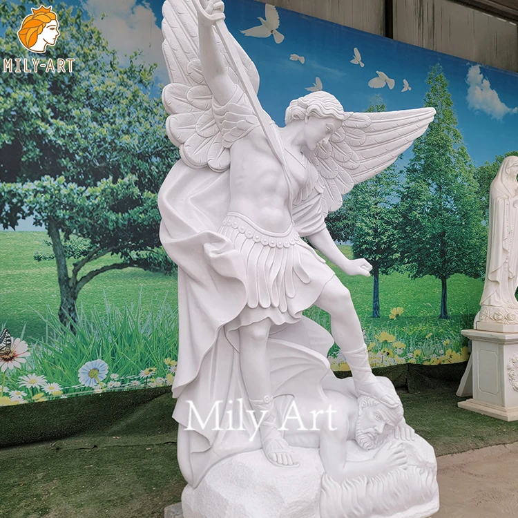 Hot Sale Outdoor Religious Saint Michael Statue White Marble Male Angel Sculpture
