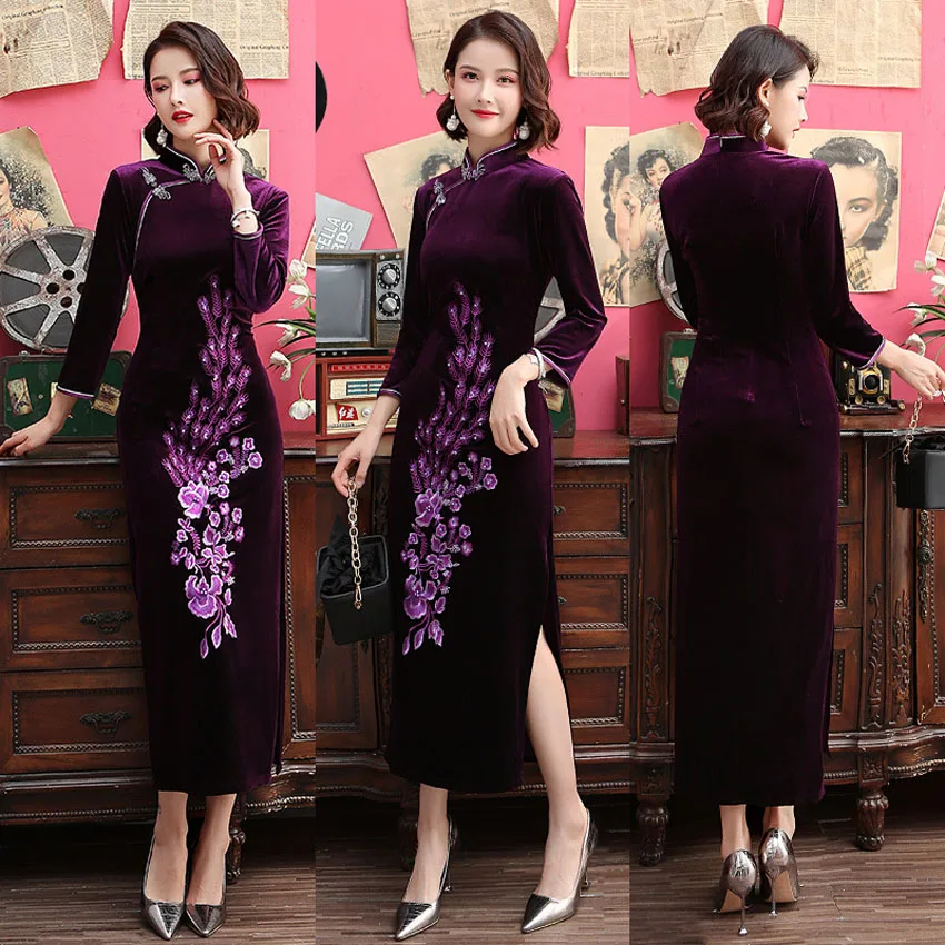 High quality Velvet embroidered beaded long dresses woman lady elegant embroidered womenslim fit daily cheongsam