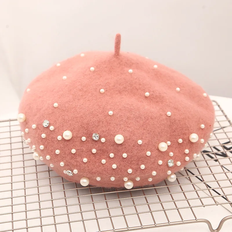 Wholesale Vintage Small Pearl Rhinestone Decor Spring Cap Custom Girls Beret Hat for Women French Style