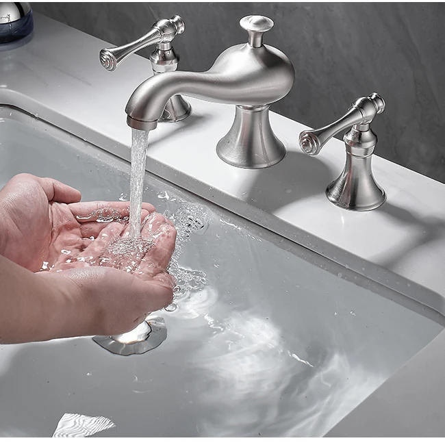 European Style All Brass Three Hole Washbasin Faucet Split Brushed Nickel Color Washbasin Cold And Hot Tap Mixer XR7871