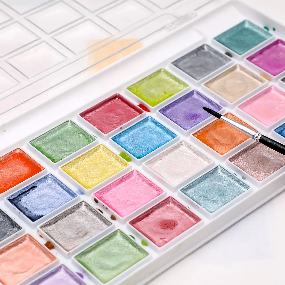Artecho watercolour  Semi-Moist Paint Set, 28 Metallic Colors Watercolor Cake Set with Classic Paint Brush, Idea for Kids