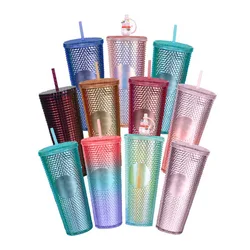 650ml double wall plastic Straw cup Rivet matte studded tumbler star buckes  cup LOGO custom